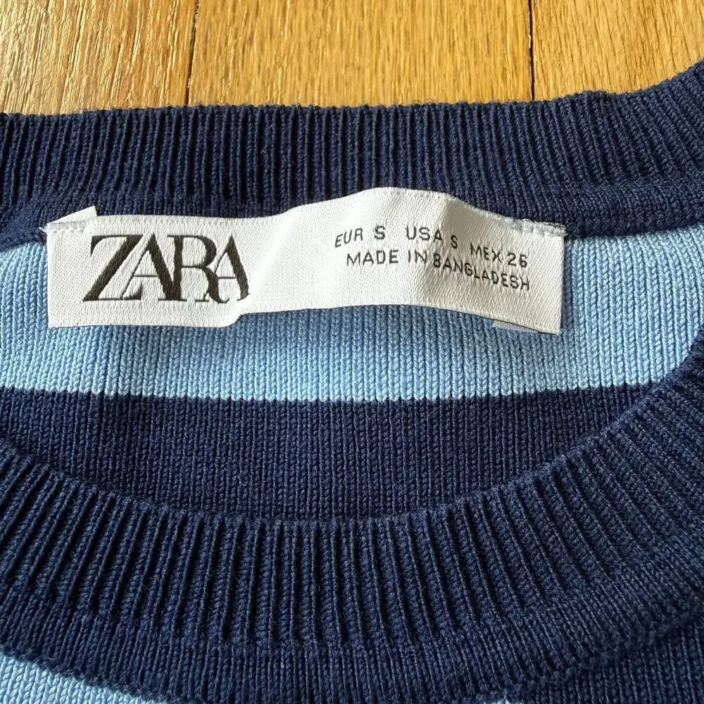 Zara Navy Blue Striped Ribbed Knit Long Sleeve Cropped Top Size S 90's Y2K